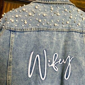 David's Bridal 'Wifey' Jean Jacket with Pearl and Crystal Accents